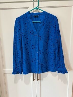 Button-Front Eyelet Blouse in Cobalt Blue